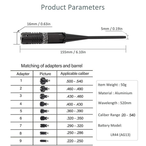 Red Dot Laser Bore Sight Kit dimensions and caliber adapter chart with specifications