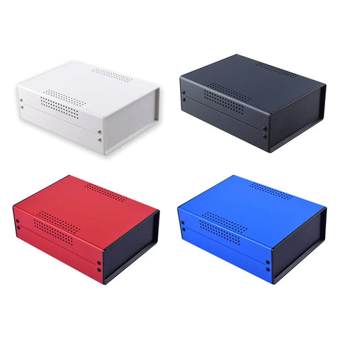 Tough As Nails Industrial Enclosure Box for wire junction and distribution control with ABS panel in four colors, front view.