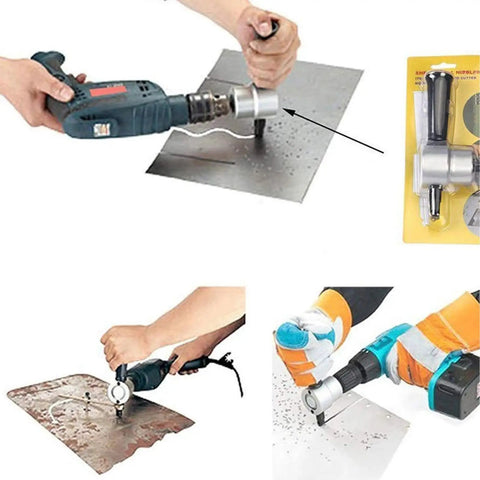 Dope Double Head Metal Nibbler Cutter With Nonslip Handle Fits Electric Drill cutting thin sheet metal, showing precision and ease of use.