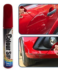 Red car scratch repair pen shown with close-up use on vehicle scratches, labeled as Touch Up Paint For Cars Red Scratch Repair Pen Quick And Easy Car Scratch Remover For Automotive Paint That Erases Scratches And Restores Finish On Your Ride.