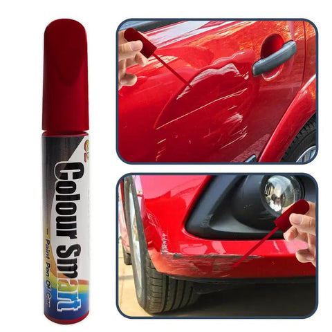 Red car scratch repair pen shown with close-up use on vehicle scratches, labeled as Touch Up Paint For Cars Red Scratch Repair Pen Quick And Easy Car Scratch Remover For Automotive Paint That Erases Scratches And Restores Finish On Your Ride.