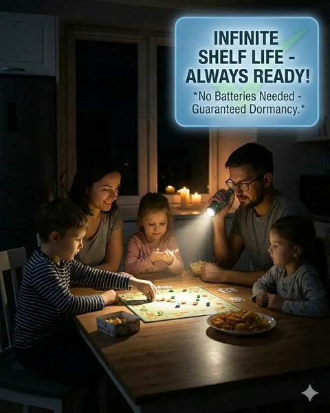 Family using Water Powered Emergency Flashlight No Batteries Needed Off Grid Survival Light For Camping And Hurricane Prep indoors.