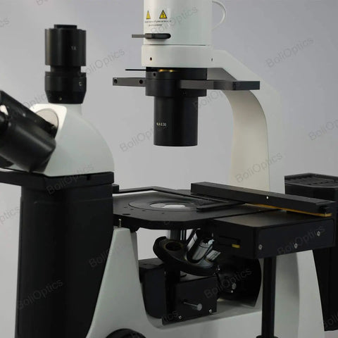 100X-400X Inverted Fluorescence Microscope With Trinocular Head And Dual Illumination Pro-Grade Lab Microscope For Biological Imaging And Cellular Work HM FM03030303, side view