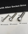 M6x25mm 304 Stainless Steel Hex Socket Cap Head Screws Full Threaded Bulk Kit displayed with M4, M6, M8 screws for comparison