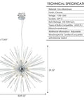 Technical specifications of Sputnik Style 12-Light Chandelier In Polished Chrome Firework Design Pendant Lighting For Living Room, Dining Room, Bedroom, And Kitchen, Modern Orbit Fixture With 29.5 Inch Diameter And G9 Base with detailed measurements and material info.