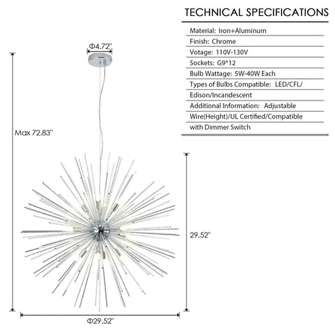 Technical specifications of Sputnik Style 12-Light Chandelier In Polished Chrome Firework Design Pendant Lighting For Living Room, Dining Room, Bedroom, And Kitchen, Modern Orbit Fixture With 29.5 Inch Diameter And G9 Base with detailed measurements and material info.