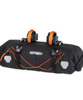 Handlebar Pack For Bike With Dual Roll Closures For Quick Access, Camlock Strap Hook, Easy Steering Tube Belt Adjustment, Air Release Valve With Pull String, 15 Liter Capacity, Compact, Ride Ready Storage on white backdrop.