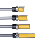 Premium Trim Router Bit Kit With 2 Conventional Blades For Flawless Flush Cuts And Precision Tenon Trimming On Wood MDF Laminate Plywood And Acrylic Materials Without Snagging Or Splintering showing four different tungsten steel router bits.
