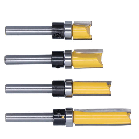 Premium Trim Router Bit Kit With 2 Conventional Blades For Flawless Flush Cuts And Precision Tenon Trimming On Wood MDF Laminate Plywood And Acrylic Materials Without Snagging Or Splintering showing four different tungsten steel router bits.