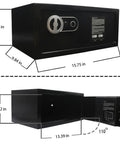 Biometric Fingerprint Safe Lock Box With Steel Construction And Key Backup showing dimensions and open door, 0.6 cubic feet.