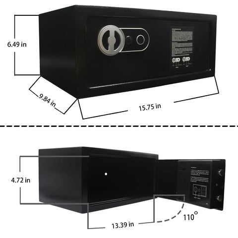 Biometric Fingerprint Safe Lock Box With Steel Construction And Key Backup showing dimensions and open door, 0.6 cubic feet.
