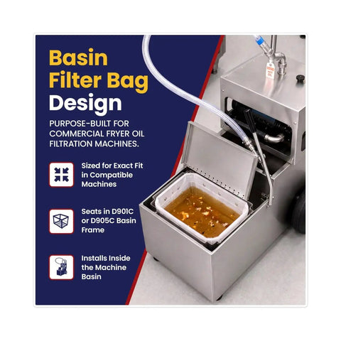 Basin filter bag design for commercial fryer oil filtration machines, compatible with D901C or D905C basin frames.