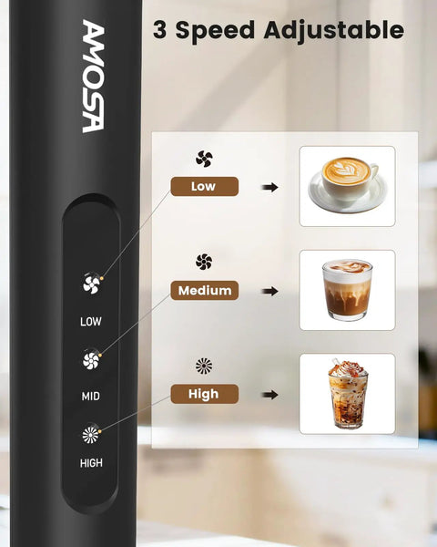 Rechargeable Handheld Milk Frother With Stand, USB C Charge, 3 Speeds And 3 Heads, Travel Case Included, speed settings chart