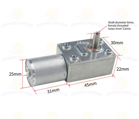 12V DC Worm Gear Motor 6 RPM With All Metal Gearbox And Aluminum Housing dimensions exposed