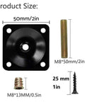 Heavy Duty 4 Piece Furniture Leg Mounting Plates Kit components with dimensions, including M8 hanger bolts and adapters