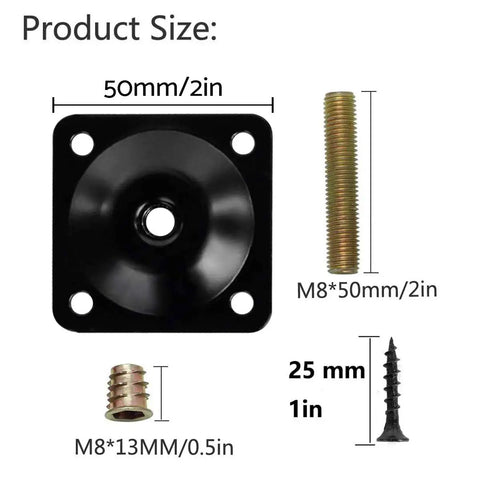 Heavy Duty 4 Piece Furniture Leg Mounting Plates Kit components with dimensions, including M8 hanger bolts and adapters