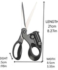 Front view of MXHLXRMP laser-guided fabric scissors with black ergonomic handles and steel blades, 21 cm long.