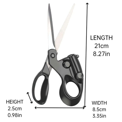 Front view of MXHLXRMP laser-guided fabric scissors with black ergonomic handles and steel blades, 21 cm long.