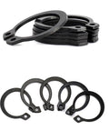 200 Pcs External Retaining Rings 5 To 9mm made from tough 65Mn spring steel with black plating, showcasing various C-clip sizes.