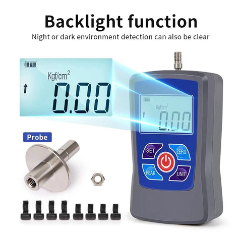 Top Shelf Portable Digital Fruit Hardness Tester And Penetrometer For Checking Apple Pear Grape And Orange Firmness With Smooth Kgfcm2 Readout Real Time Peak Mode And Quick Buzzer Alarm showing display and probe.