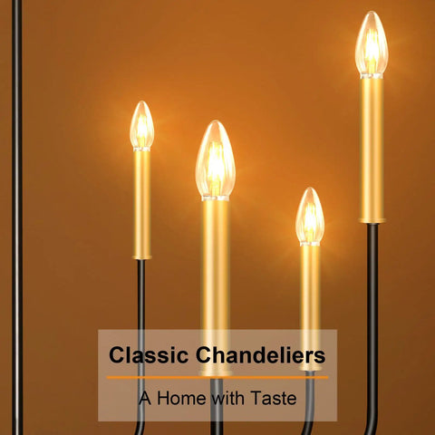 Black Matte Farmhouse 8 Light Chandelier With Gold Candle Accents Dope Modern Pendant Ceiling Light For Dining Room, Kitchen, Hallway, Living Room, Bedroom, Office, Bar, Foyer