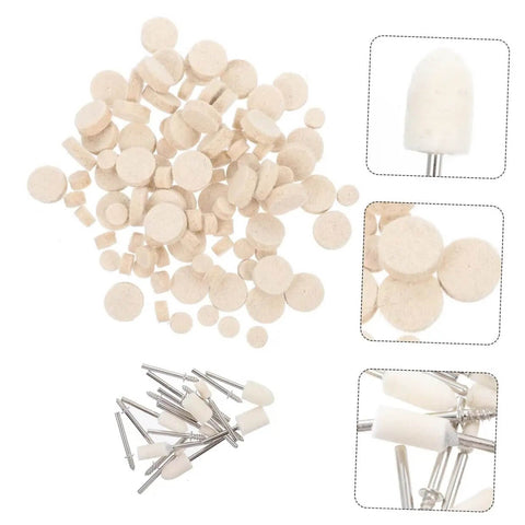 120 Pcs Wool Felt Polishing Wheel Set With Shank For Rotary Tools Buffing Wheels Kit For Metal Jewelry Watches And Industrial Grinding Accessories Pro Grade For Precision Finishing shown in various sizes and shapes