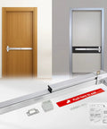 Commercial Exit Door Panic Bar With External Lever In Silver Stainless Steel, Fireproof Lock Set, Fits 28 To 41 Inch Wood Or Metal Doors, Super Easy Install Emergency Door Hardware displayed with installation kit in front of wood and metal doors.