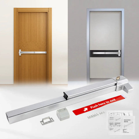 Commercial Exit Door Panic Bar With External Lever In Silver Stainless Steel, Fireproof Lock Set, Fits 28 To 41 Inch Wood Or Metal Doors, Super Easy Install Emergency Door Hardware displayed with installation kit in front of wood and metal doors.