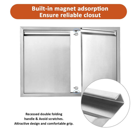 Badass 35 By 24 Double BBQ Access Door For Outdoor Kitchens With Slick Recessed Latches Concealed Hinges Heavy Duty 304 Stainless Steel showing built-in magnet for reliable closure.