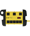 Garage-Grade Heavy-Duty Power Strip With GFCI, 8 Outlets, 25 Foot Cord, Yellow Metal Housing, wall mountable, front view