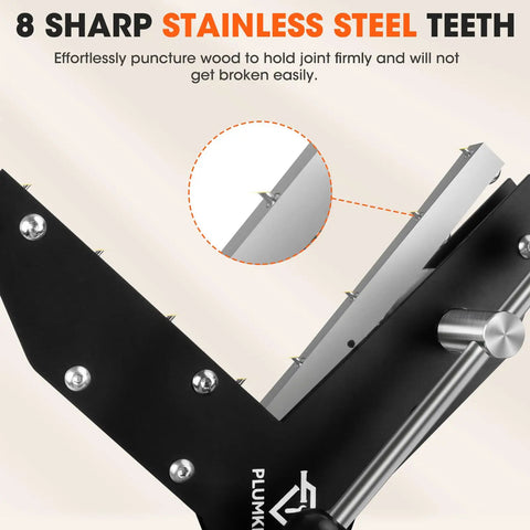 Close-up of Dead Nut Tight Four Piece Miter Clamps showcasing 8 sharp stainless steel teeth designed for strong wood joints.