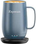 Keep Your Daily Grind Piping Hot All Day Long With This Badass Rechargeable Self Heating Coffee Cup Featuring Adjustable Temp Control. Blue stainless steel smart mug with heating base.