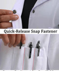 White Women's Lab Coat With Quick Release Snap Closure, detail of snap fastener and breast pocket with pen holder