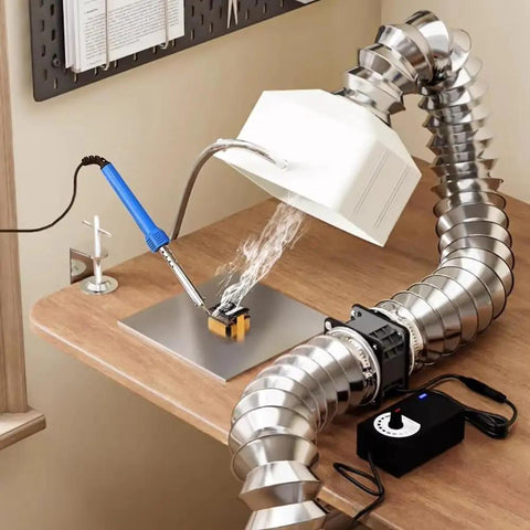 No Sweat Desktop Smoke Absorber for Soldering Tasks featuring flexible exhaust hose, capturing smoke from PCB soldering.