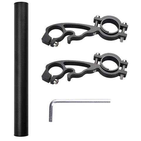 Extended Handlebar Mounting Bar For Bikes 11.8 Inches Long Beefy Aluminum Alloy Bracket Fits 20mm To 32mm Handlebars Extra Space For Lights GPS Phone Bike Computer Bell And More shown with mounting brackets and hex key.
