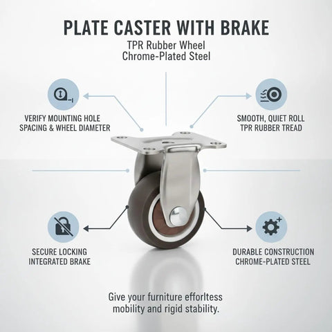 Locking Casters for Heavy Furniture With TPR Rubber Plate Wheels and Chrome Plated Steel Brakes