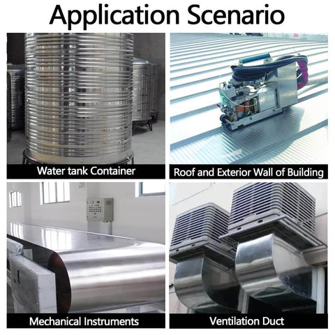 Four applications of 304 Stainless Steel Foil Roll 0.1mm 100mm 1M in water tanks, building walls, mechanical instruments, and ventilation ducts.