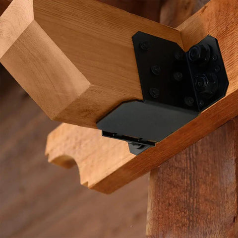 Ironwood 6 To 8 Inch Beam Hanger Flush Steel, Black Powder Coated, attached to treated lumber in outdoor deck support.
