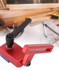 Red Beefy 30 Type Miter Track Stop Block Aluminum Alloy T Slot Stop on a woodworking bench
