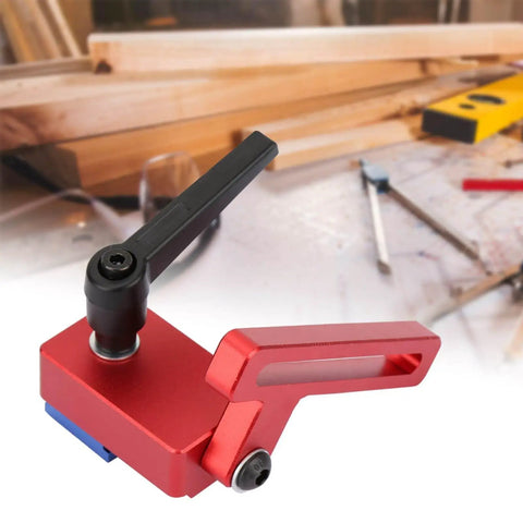 Red Beefy 30 Type Miter Track Stop Block Aluminum Alloy T Slot Stop on a woodworking bench