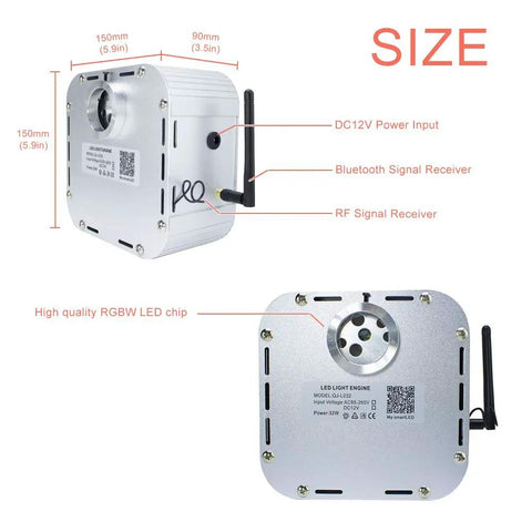 Twinkle Fiber Optic Light Source 32W RGBW Engine with Bluetooth RF Remote and Music Sensor, size and components view