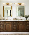 Double sink bathroom with brown wooden vanity and two mirrors, featuring black sleek modern bathroom vanity light fixtures sconce with clear glass 20 inch indoor wall light up and down for bathroom and living room durable metal frame rust resistant bulb not included.