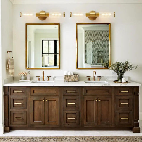 Double sink bathroom with brown wooden vanity and two mirrors, featuring black sleek modern bathroom vanity light fixtures sconce with clear glass 20 inch indoor wall light up and down for bathroom and living room durable metal frame rust resistant bulb not included.