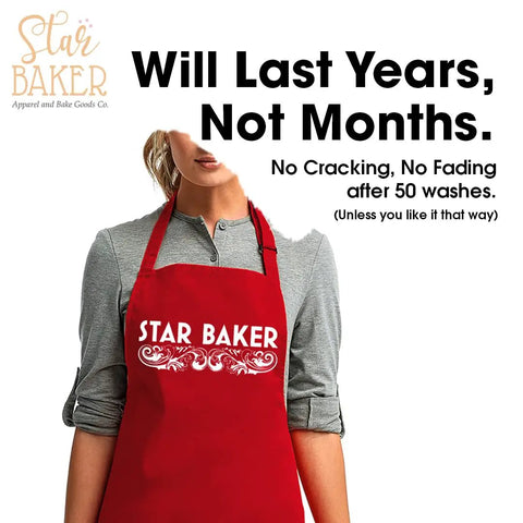 Star Baker Apron For Amateur Bakers, red cotton/poly blend with slogan, modeled on person, inspires baking show vibes, durable print.