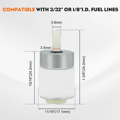 Dimensions of a fuel filter for Fuel Line Kit With Primer Bulb And Tune Up Kit For MTD Troy Bilt Trimmers Bolens Yard Man Ryobi.