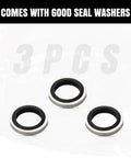 Brake seal washers, metal with black rubber inner rings, top-down view, 3-pack