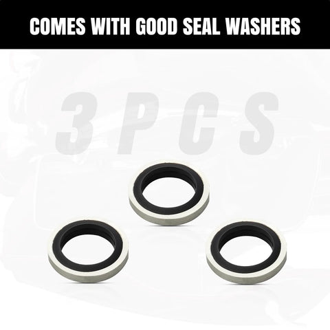 Brake seal washers, metal with black rubber inner rings, top-down view, 3-pack