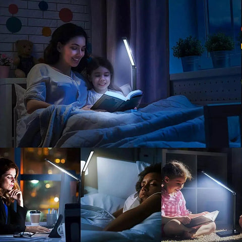 Collage: Boss Desk Lamp With Wireless Charging 10W And USB Port Dimmable Eye Caring Light in home settings for reading and working.