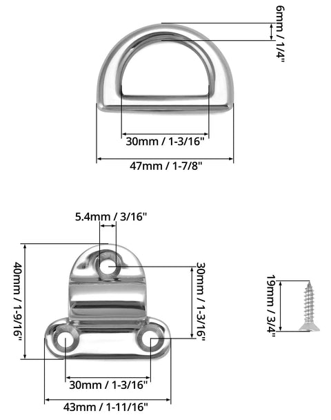 Dimensions of 4 Pack Marine Grade Stainless Steel 316 Folding Pad Eye D Ring Anchors, 44mm By 40mm Heavy Duty Tie Down Anchors