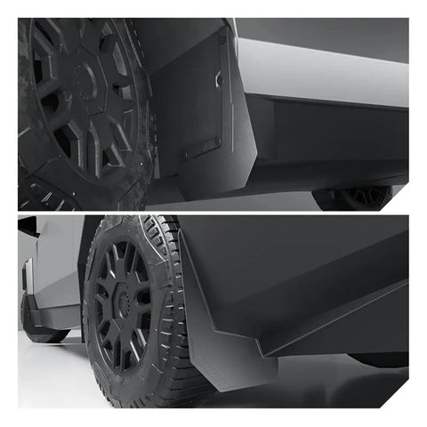 Tesla Cybertruck 2024 To 2025 Full Set Heavy Duty Front Rear Wheel Mud Flaps Knockout Fit Splash Guards on vehicle wheels.